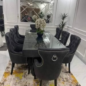 Luxury Velvet Dining Set with Tempered Glass Table-Available in 6-Seater & 8-Seater Options